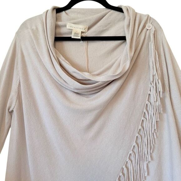 NEW Lovestitch Ecru Drape Neck Fringed Wrap Sweater Sz L Boho, Classic NWT - Picture 3 of 13